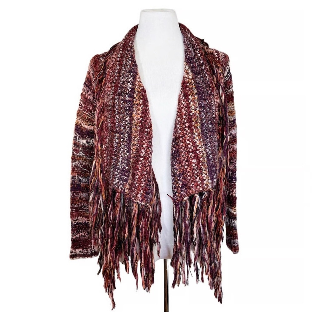 Free People Knit Alpaca & Wool Burgundy Fringed Cardigan, Sz Medium